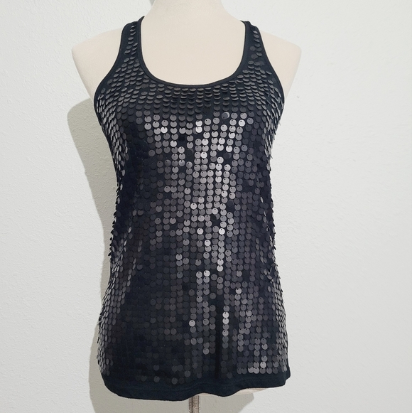 Almost Famous Womans Size M Black Racerback Tank top Sequin Sparkly Embellished - Picture 1 of 10